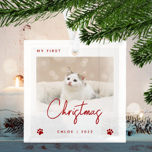 Cute fotokit kat 1ste kerstmis pootafdrukken rood glas ornament