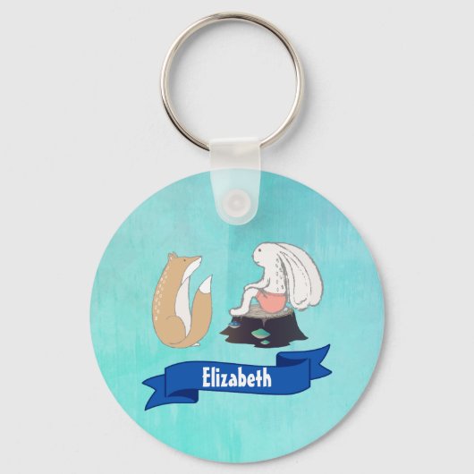 Cute Fox and Rabbit Woodland Creatures Tekening Sleutelhanger (Voorkant)
