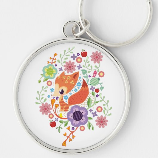 Cute Fox Baby Art Animal met Floral Sleutelhanger (Voorkant)