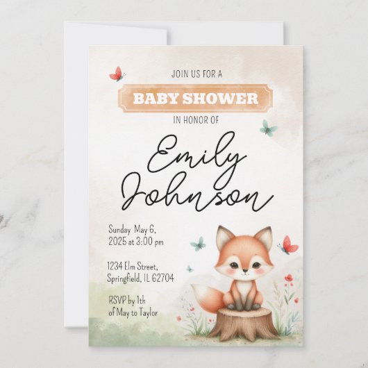 Cute fox baby shower invitation  kaart (Voorkant)