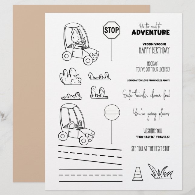 Cute Fox Car Coloring Scrapbook Paper (Voorkant / Achterkant)