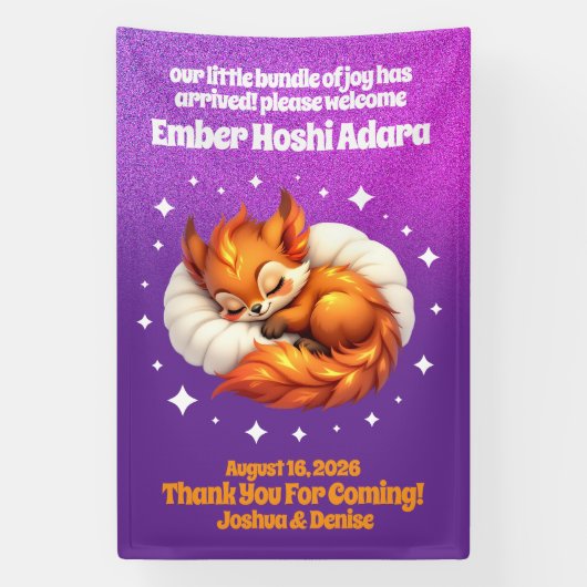 Cute Fox Cub Asleep in Starry Sky Baby Welcome Spandoek (Verticaal)