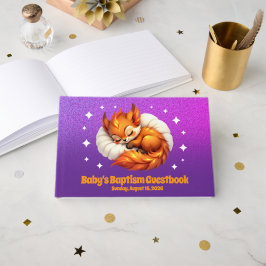Cute Fox Cub Asleep in Starry Sky Baptism Gastenboek