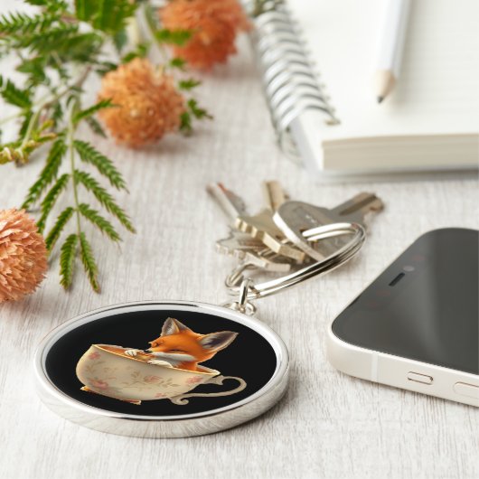 Cute Fox Drinking Tea on Groomsmen Gift Sleutelhanger (Zijkant)