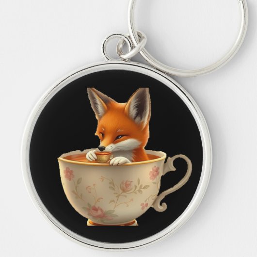 Cute Fox Drinking Tea on Groomsmen Gift Sleutelhanger (Voorkant)