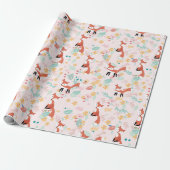 Cute Fox Floral Pink Design Cadeaupapier (Uitgerold)