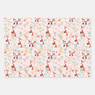 Cute Fox Floral Pink Design Inpakpapier Vel