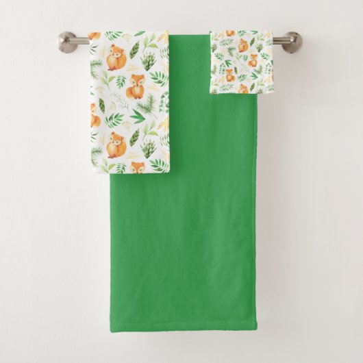 Cute Fox Green Feuilles Solid Green Serviette (En situation)