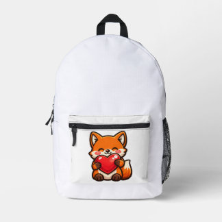 Cute Fox Heart Backpack – Kawaii Fox with Red Hear Bedrukte Rugzak