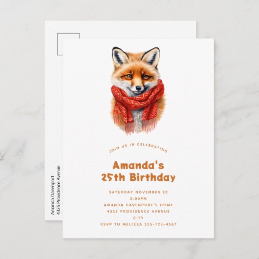Cute Fox in a Red Scarf Autumn Image Birthday Uitnodiging Briefkaart (Voorkant / Achterkant)