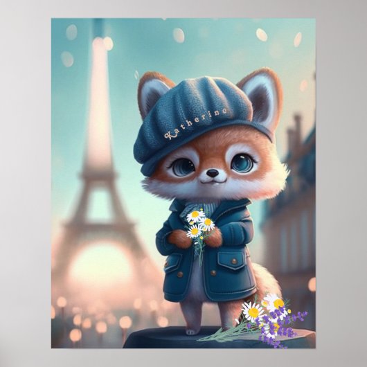 Cute Fox in Blue, Paris Eiffel Tower Personalized Poster (Voorkant)