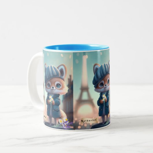 Cute Fox in Blue, Paris Eiffel Tower Personalized Tweekleurige Koffiemok (Voorkant links)