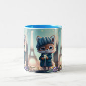 Cute Fox in Blue, Paris Eiffel Tower Personalized Tweekleurige Koffiemok (Center)