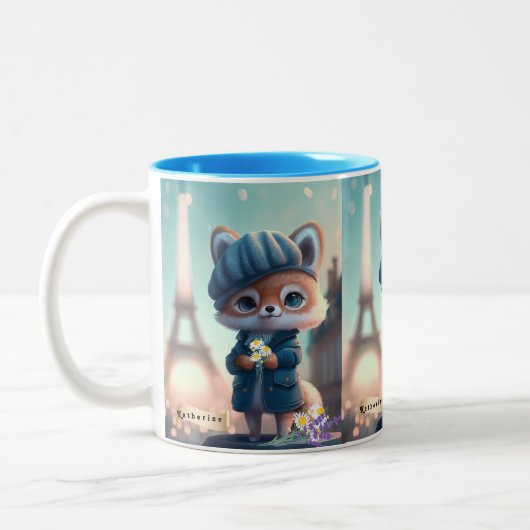 Cute Fox in Blue, Paris Eiffel Tower Personalized Tweekleurige Koffiemok (Links)