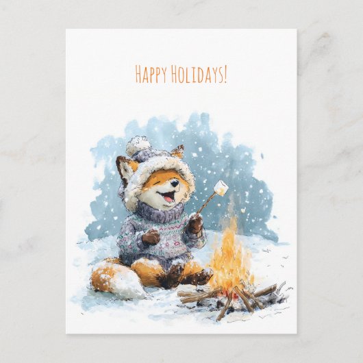 Cute fox in warm sweater roasting marshmallows, feestdagenkaart (Voorkant)