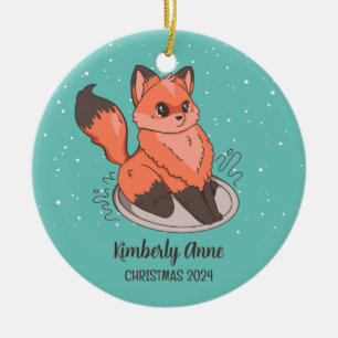 Cute Fox Kerstmis Snowy Winter Holiday Keramiek Keramisch Ornament