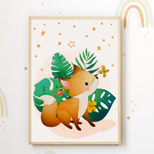 Cute Fox Kids Room Poster Étoiles Nursery Imprimer