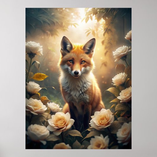 Cute Fox met bloemen Poster (Voorkant)