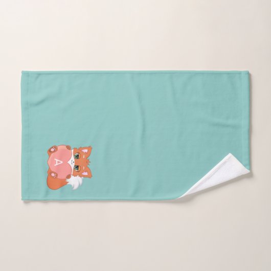 Cute Fox & Monogram sur Bleu clair (Serviette à main)