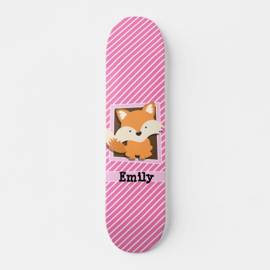 Cute Fox op roze & witte strepen Skateboard (Voorkant)