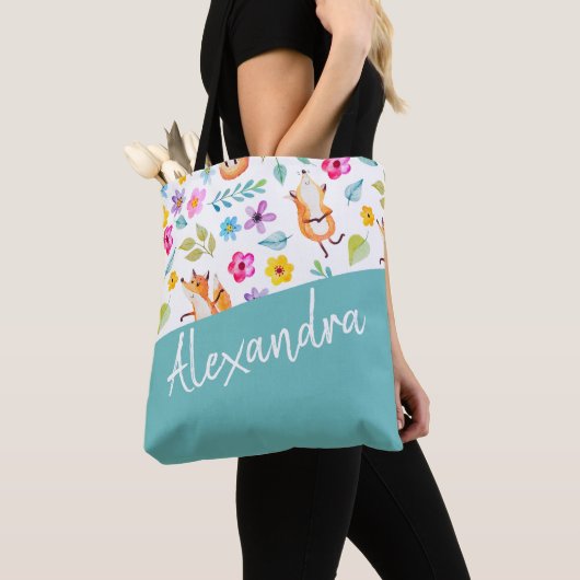 Cute Fox Pattern Blauwgroen Aangepast Tote Bag (Dichtbij)