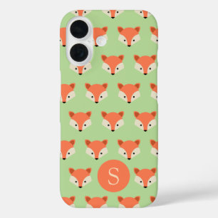 Cute Fox Pattern op Green Monogram iPhone 16 Hoesje