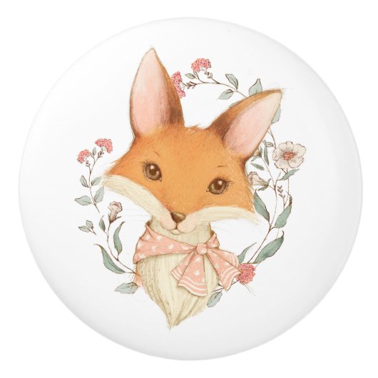 Cute  Fox Pink Floral Keramische Knop (Voorkant)