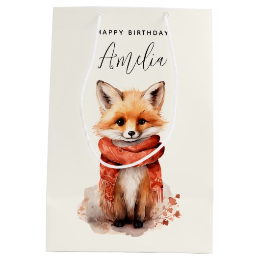 Cute Fox Pup in a Red Scarf Birthday Medium Cadeauzakje (Achterkant)