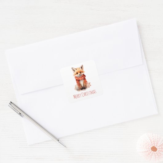 Cute Fox Pup in a Red Scarf Christmas Vierkante Sticker (Envelop)