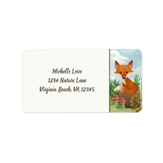 Cute Fox Sitting on Stump Woodland Address Etiket (Voorkant)