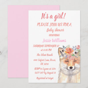 Cute Fox Woodland Animals Pink Rustic Baby Girl Kaart