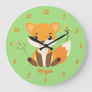 Cute Fox Woodland Nursery Green en Sinaasappel Grote Klok