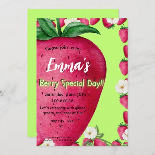 Cute fraise première invitation anniversaire (Devant / Derrière)