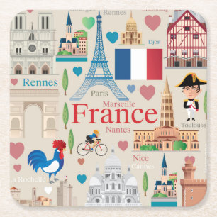 Cute France Icons Vierkante Kartonnen Onderzetter