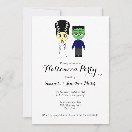 Cute Frankenstein en Bride Halloween Party Kaart (Voorkant)