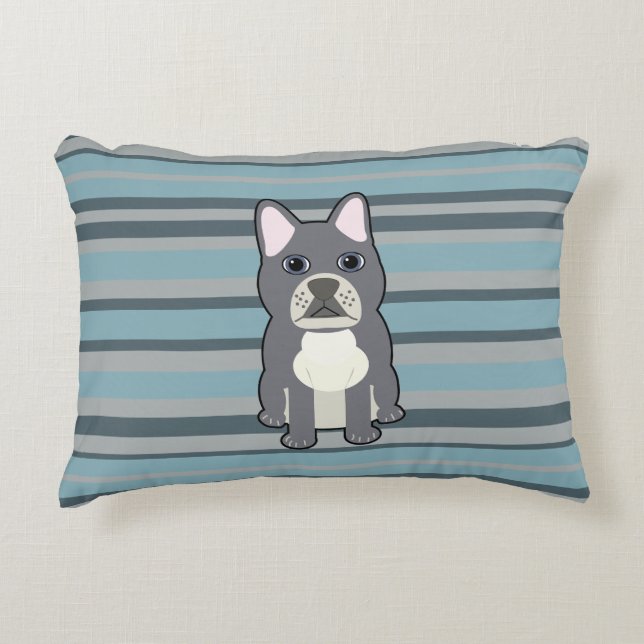 Cute French Bulldog Blue Striped Accent Kussen (Voorkant)