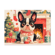 Cute French Bulldog by the Christmas Fireplace