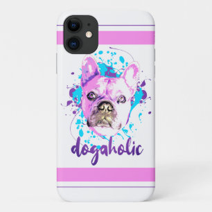 Cute French Bulldog Face Pink Blue Dogaholic iPhone 11 Hoesje