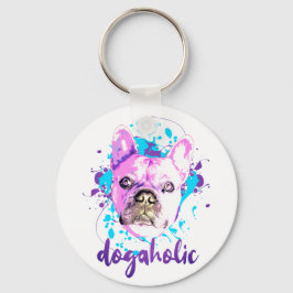 Cute French Bulldog Face Pink Blue Dogaholic Sleutelhanger