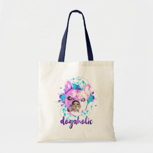 Cute French Bulldog Face Pink Blue Dogaholic Tote Bag