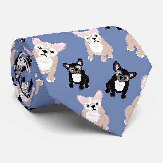 Cute French Bulldog Frenchies Pattern Blue Stropdas (Opgerold)