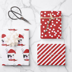 Cute French Bulldog & Red Striped Kerstmis Inpakpapier Vel