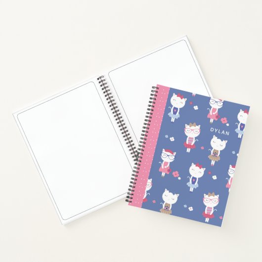 Cute French Cats Pattern Blue Personalized Sketch Notitieboek (Binnen)