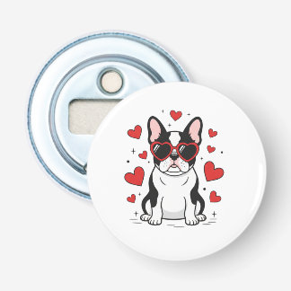 Cute Frenchie in Love Heart Sunglasses Illustratio Button Flesopener
