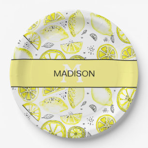 Cute Fresh Lemon Citrus Doodle Yellow Monogram Papieren Bordje