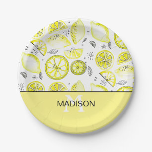 Cute Fresh Lemon Citrus Doodle Yellow Monogram Papieren Bordje