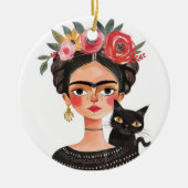 Cute Frida Kahlo& Black Cat Feline Pet Name& Photo Keramisch Ornament (Voorkant)