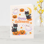 Cute Friendly Cats Ghosts Pumpkins Halloween Kaart (Gele Bloem)