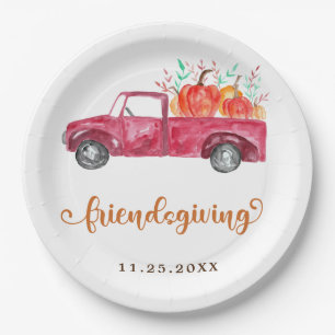 Cute Friendsgiving Calligraphy Red Truck Pumpkins Papieren Bordje