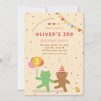Cute Frog & Bear Birthday Party Invitation Kaart